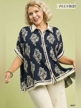New! Umgee Navy Abstract  Print Button-Front Plus Size Top Size 2X